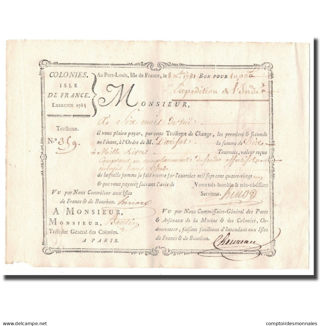 France, Traite, Colonies, Isle De France, 10.000 Livres, Expédition De L'Inde - ...-1889 Circulated During XIXth