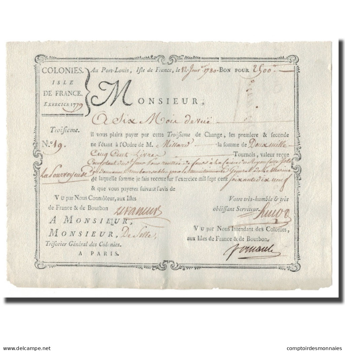 France, Traite, Colonies, Isle De France, 2500 Livres Tournois, 1780, SUP - ...-1889 Anciens Francs Circulés Au XIXème