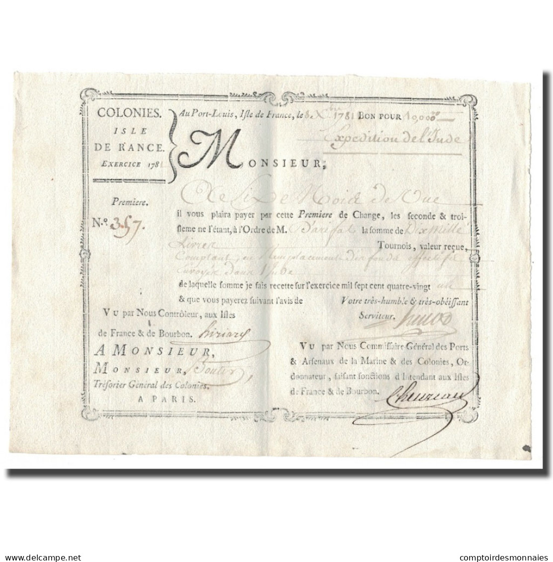 France, Traite, Colonies, Isle De France, 10.000 Livres, Expédition De L'Inde - ...-1889 Francs Im 19. Jh.