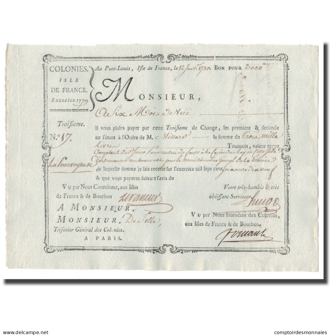 France, Traite, Colonies, Isle De Bourbon, 3000 Livres Tournois, 1780, SUP - ...-1889 Tijdens De XIXde In Omloop