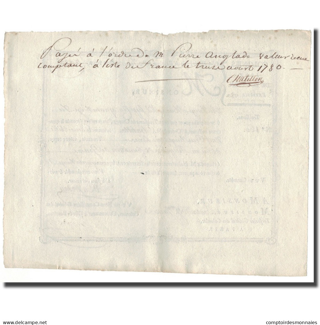 France, Traite, Colonies, Isle De Bourbon, 2923 Livres Tournois, 1780, SUP - ...-1889 Circulated During XIXth