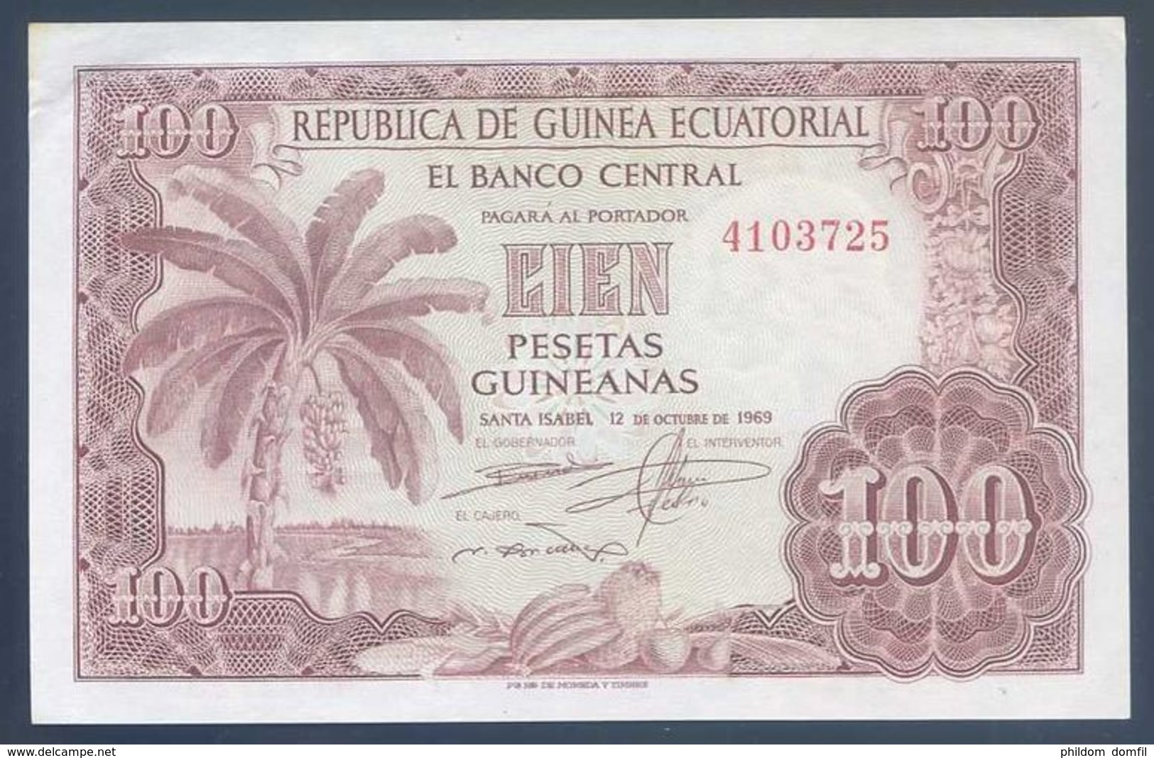 Ref. 2762-3185 - BIN EQUATORIAL GUINEA . 1969. GUINEA ECUATORIAL 100 PESETAS GUINEANAS 1969 - Equatoriaal-Guinea