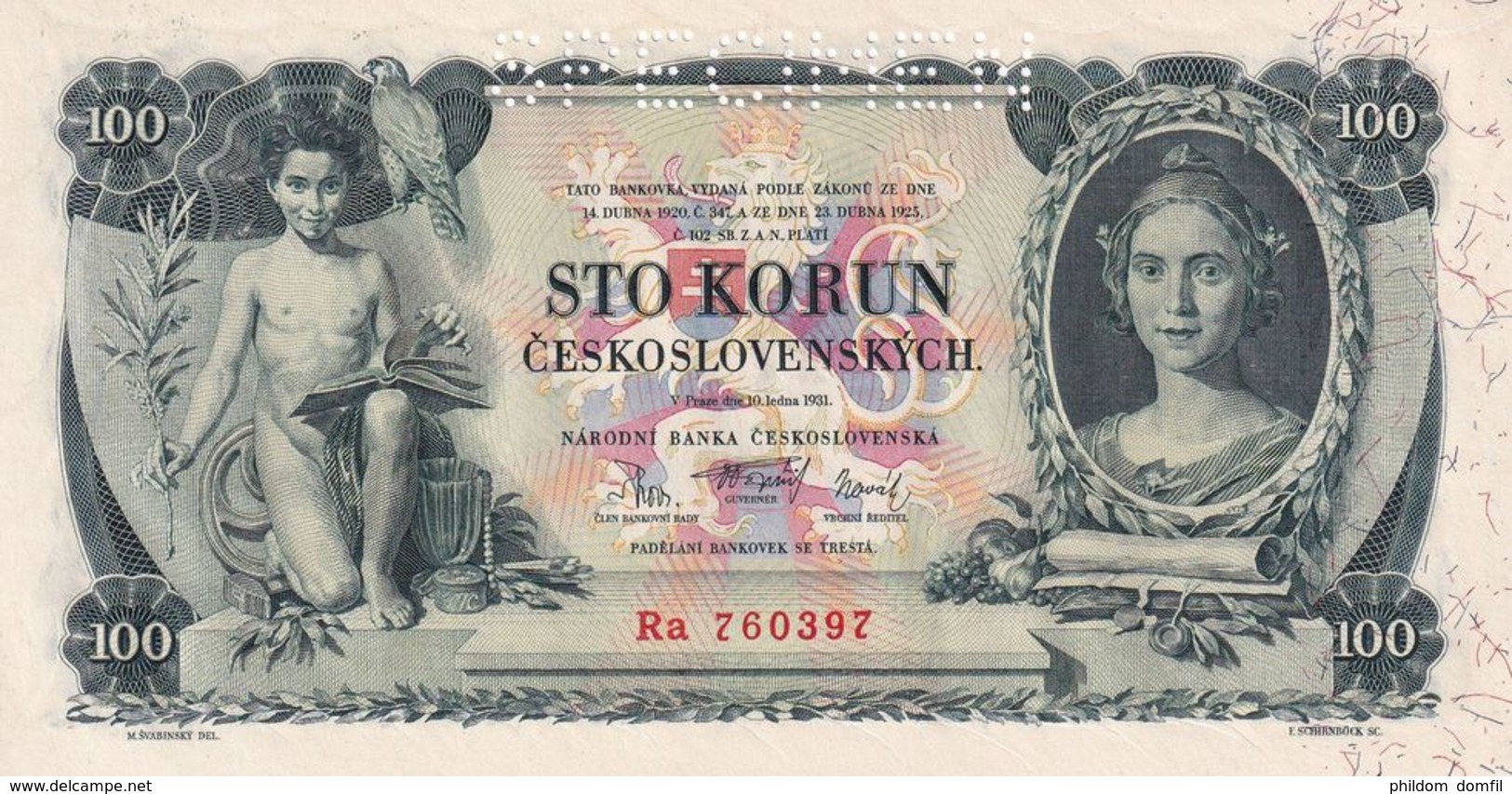 Ref. 1452-1874 - BIN CZECHOSLOVAKIA . 1931. CZECHOSLOVAKIA 100 KORUN 1929 PICK 24 SPECIMEN - Czechoslovakia