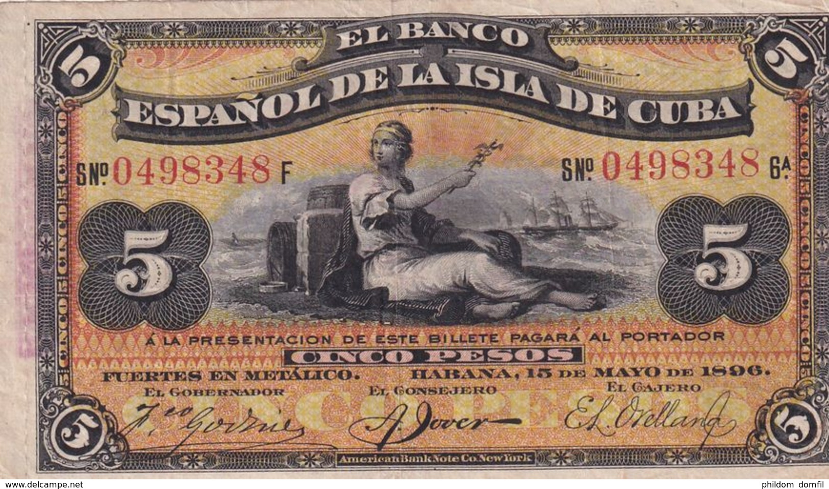 Ref. 1188-1610 - BIN CUBA . 1896. CUBA 5 PESOS 1896 PICK 48 BILLETE BANCO ESPA�OL ISLA DE CUBA - Cuba