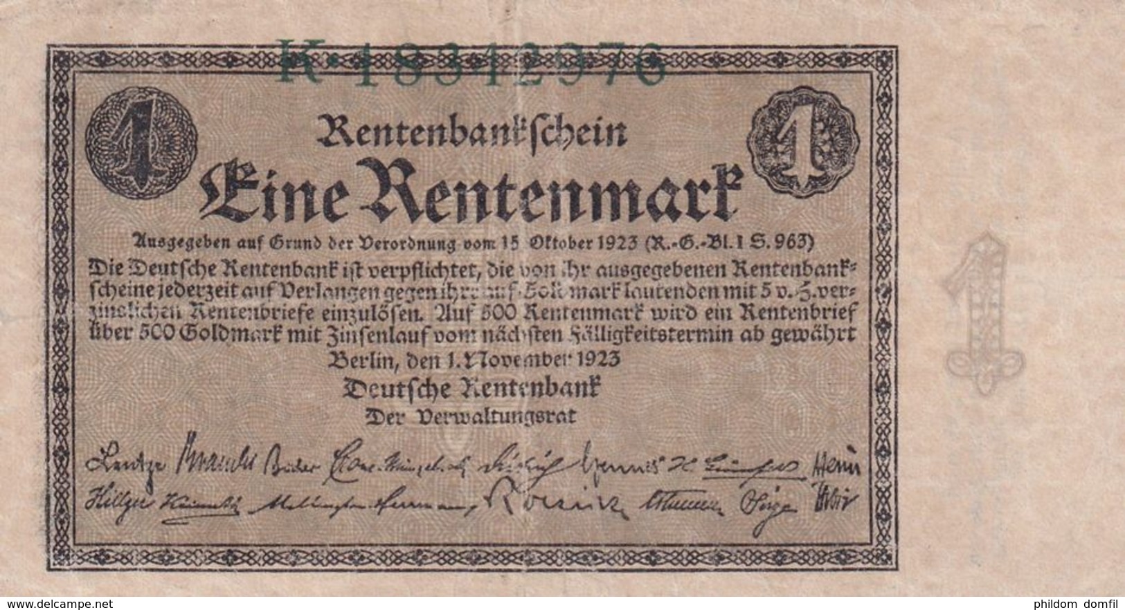 Ref. 1072-1494 - BIN GERMANY . 1923. GERMANY 1 RENTENMARK 1923 - Unclassified