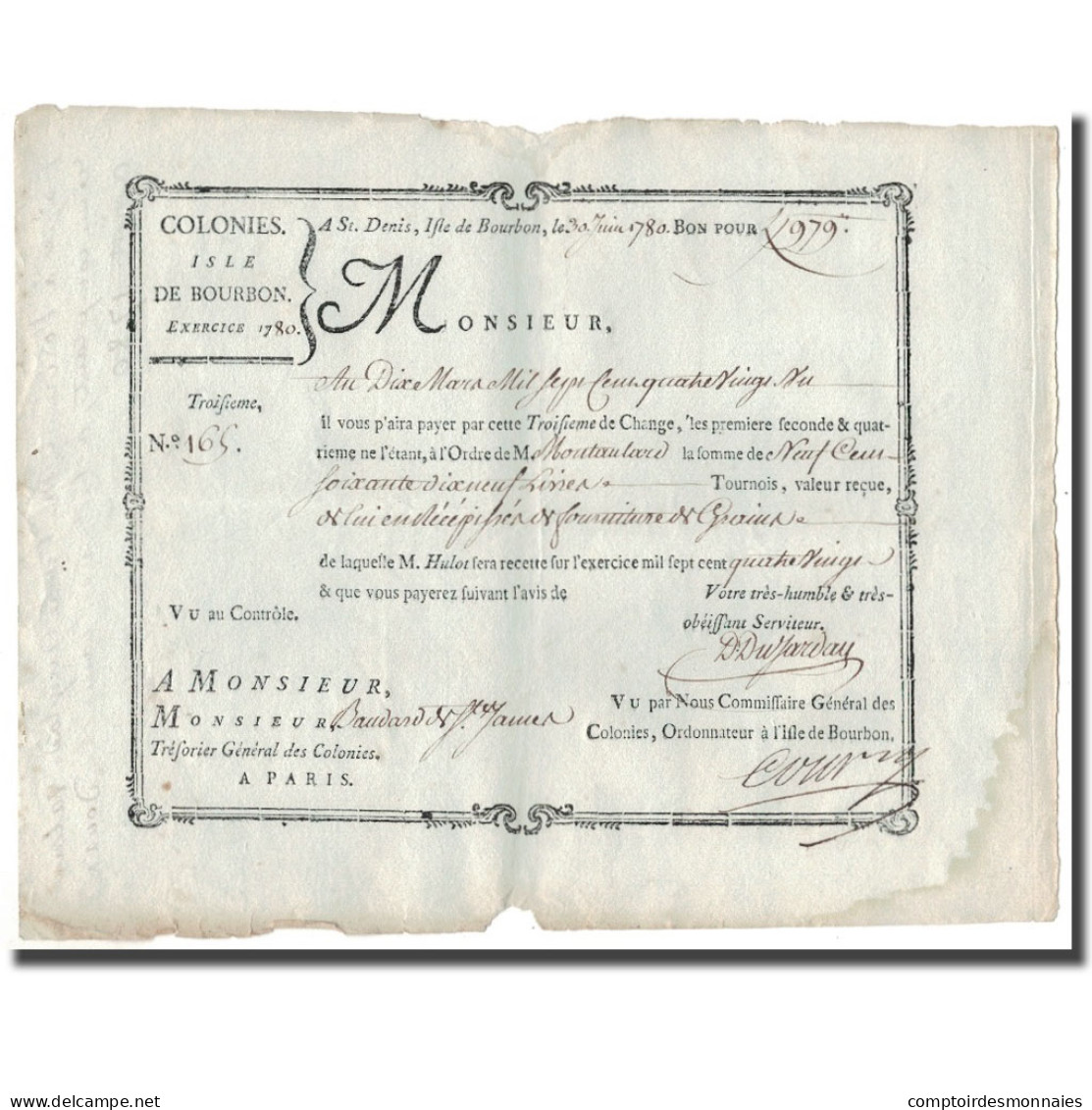 France, Traite, Colonies, Isle De Bourbon, 979 Livres Tournois, 1780, SUP - ...-1889 Francos Ancianos Circulantes Durante XIXesimo