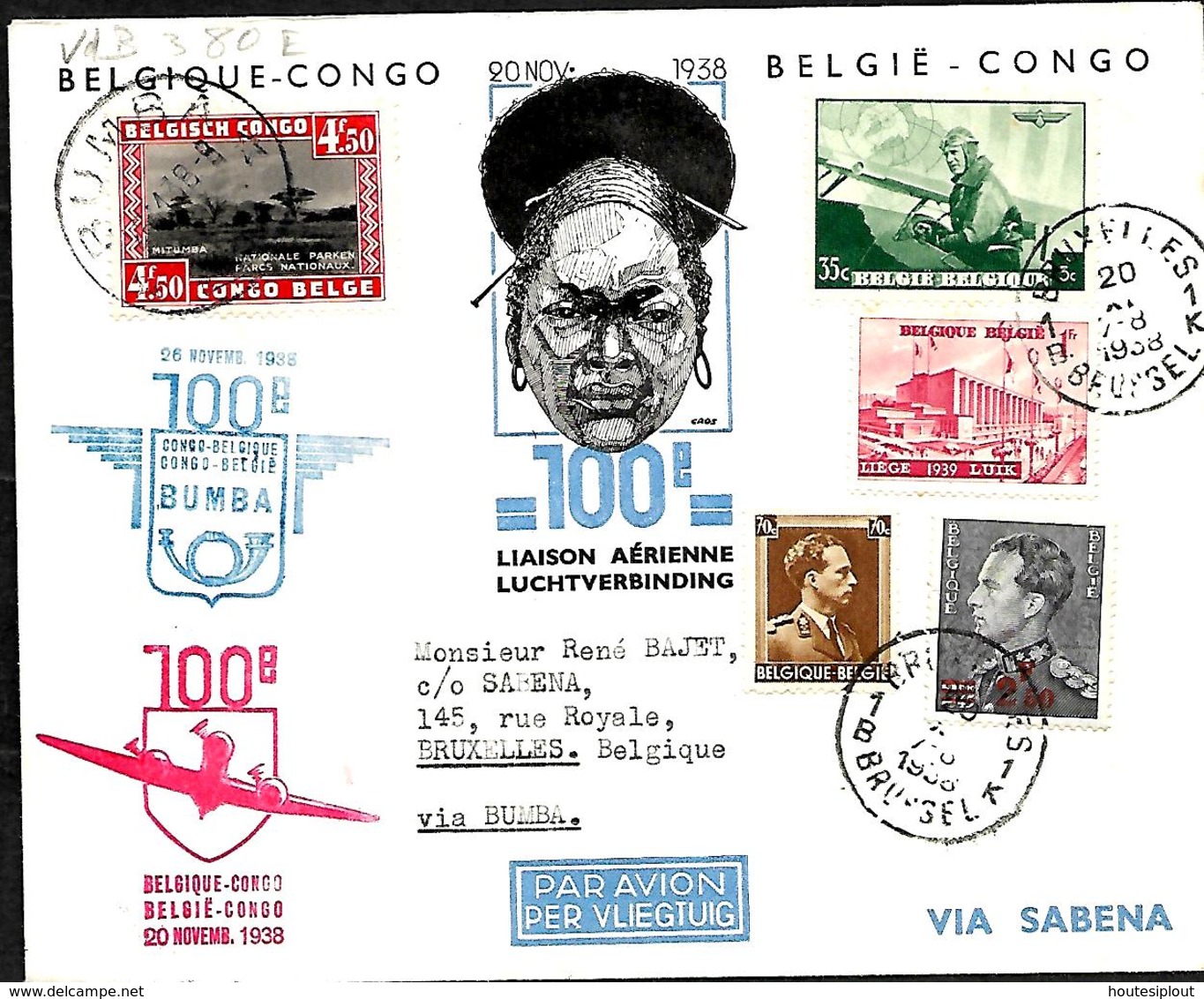 Belgique. 100ème Liaison Aérienne Régulière Bruxelles > Congo AR Via Bumba  20/11/38     Van Den Bauw 380 ,E - Sonstige & Ohne Zuordnung