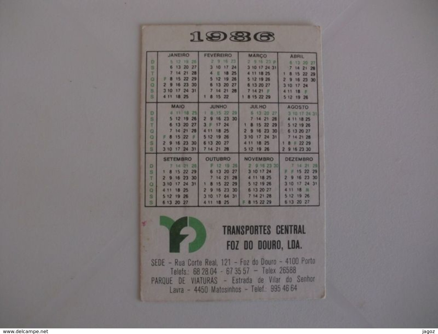 Transportes Central Foz Do Douro Porto Portugal Portuguese Pocket Calendar 1986 - Petit Format : 1981-90