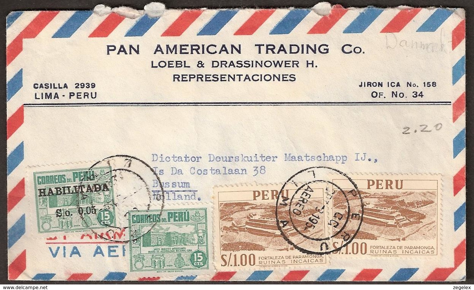 Peru 1954 Privat Cover/letter/entier 'Pan American Trading Co' To Holland - Peru