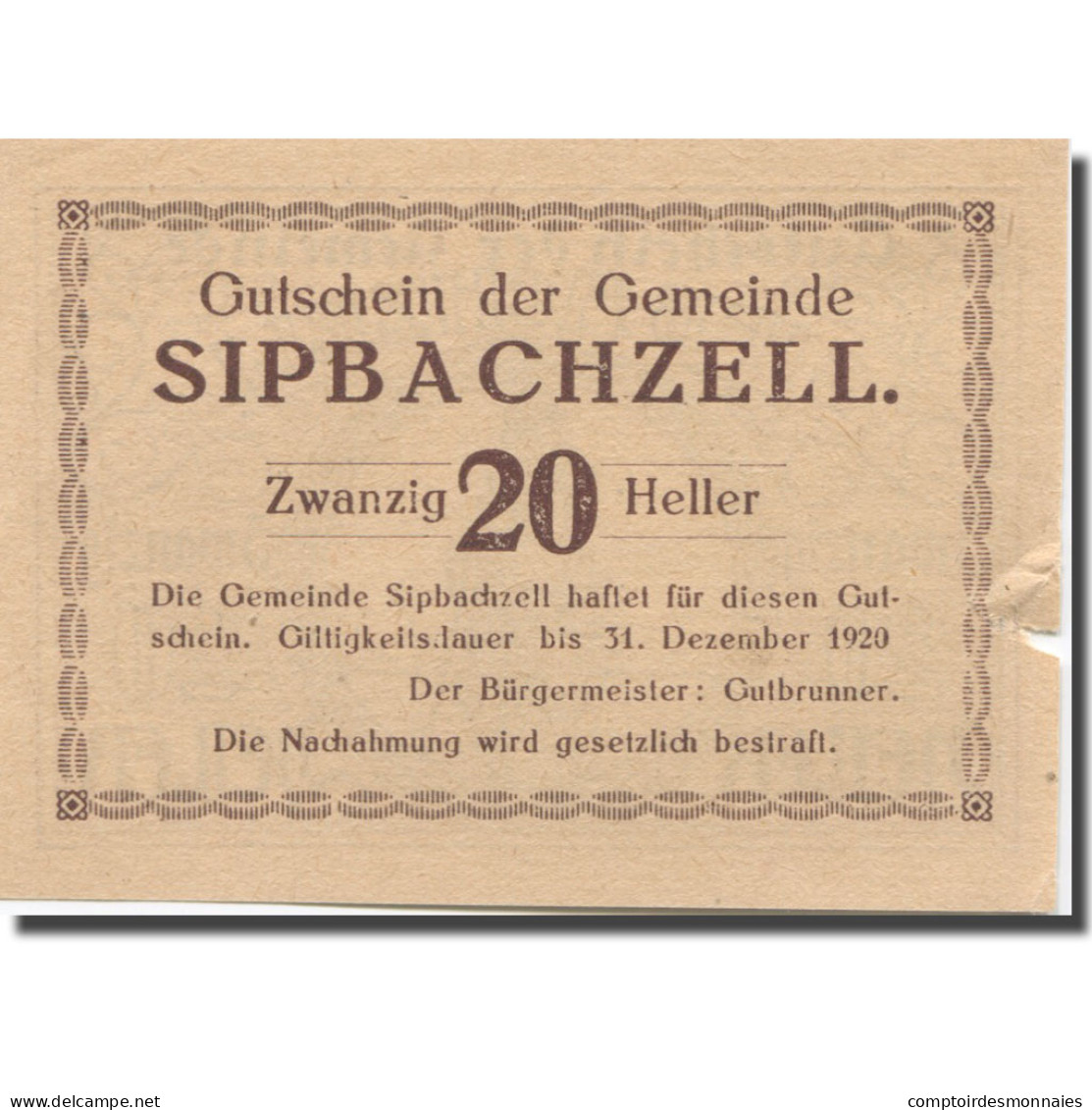 Billet, Autriche, Sipbachzell, 20 Heller, Personnage, 1920 SUP Mehl:FS1000 - Austria