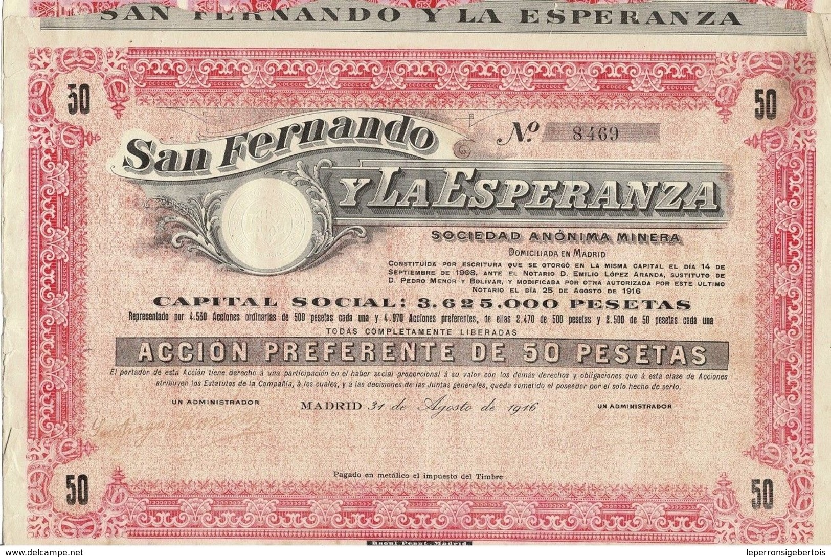 Titre Ancien - San Fernando Y La Esperanza - Sociedad Anónima Minera - Titulo De 1916 - - Mines