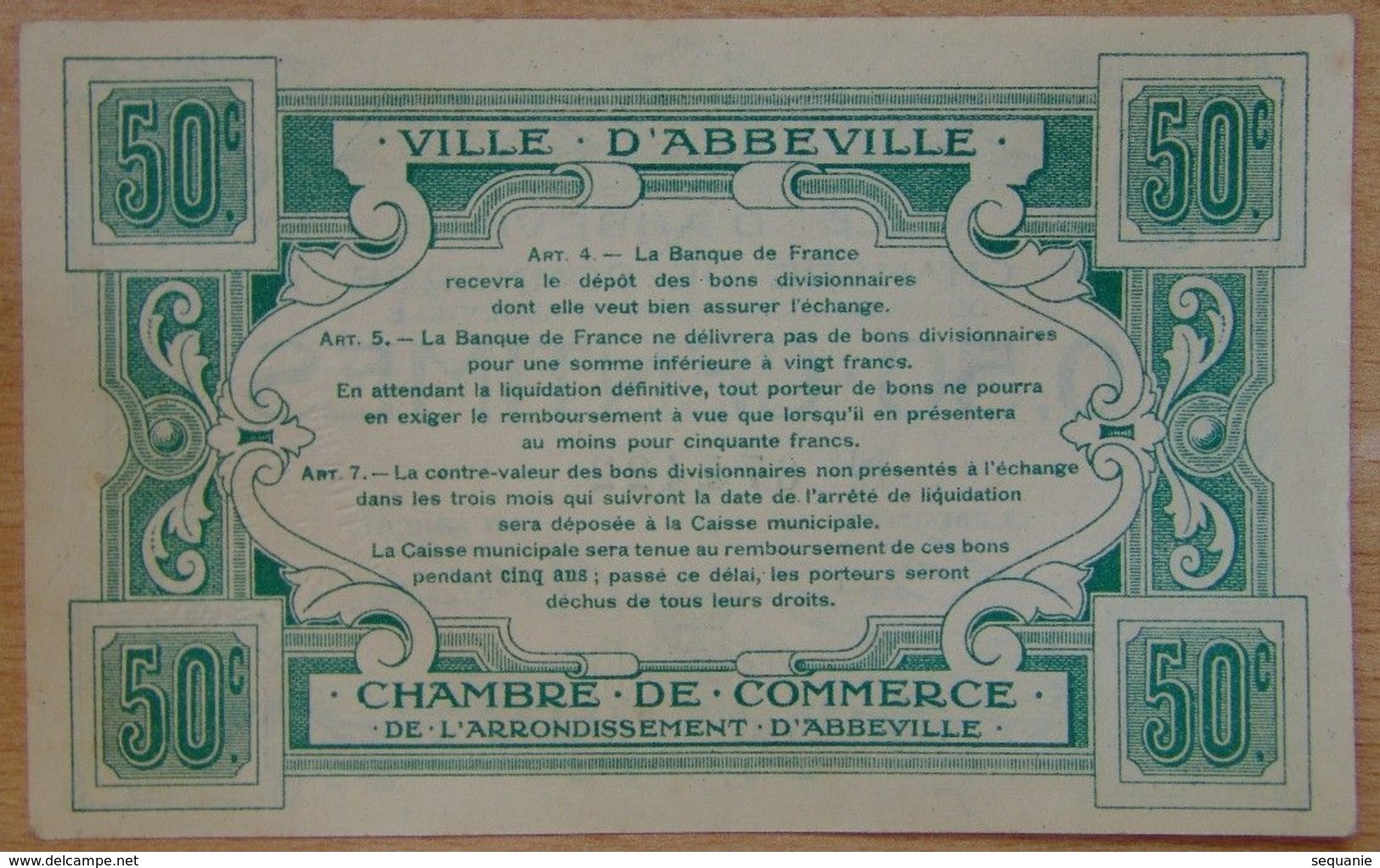 Abbeville ( 80  ) 50 Centimes Chambre De Commerce  ND Filigrane Feuilles - Cámara De Comercio