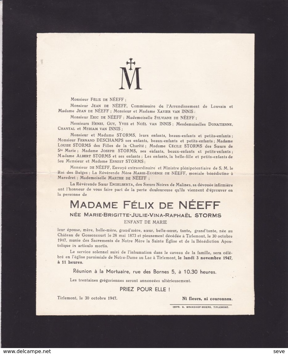 Château De GOSSONCOURT TIRLEMONT Marie-Brigitte STORMS épouse Félix De NEEF  1873-1947 - Obituary Notices