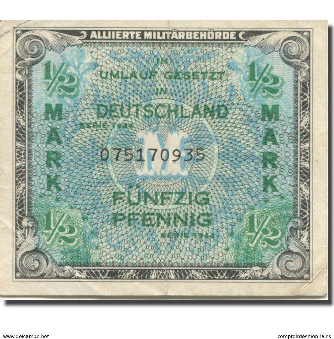 Billet, Allemagne, 1/2 Mark, 1944, KM:191a, TTB+ - 1/2 Mark