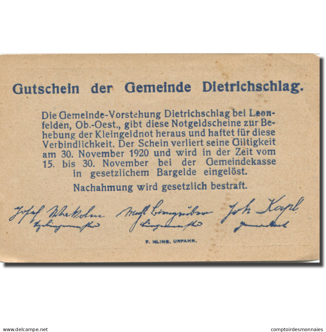 Billet, Autriche, Dietrichsschlag, 30 Heller, Champs 1920-11-30, SUP Mehl:124a - Austria