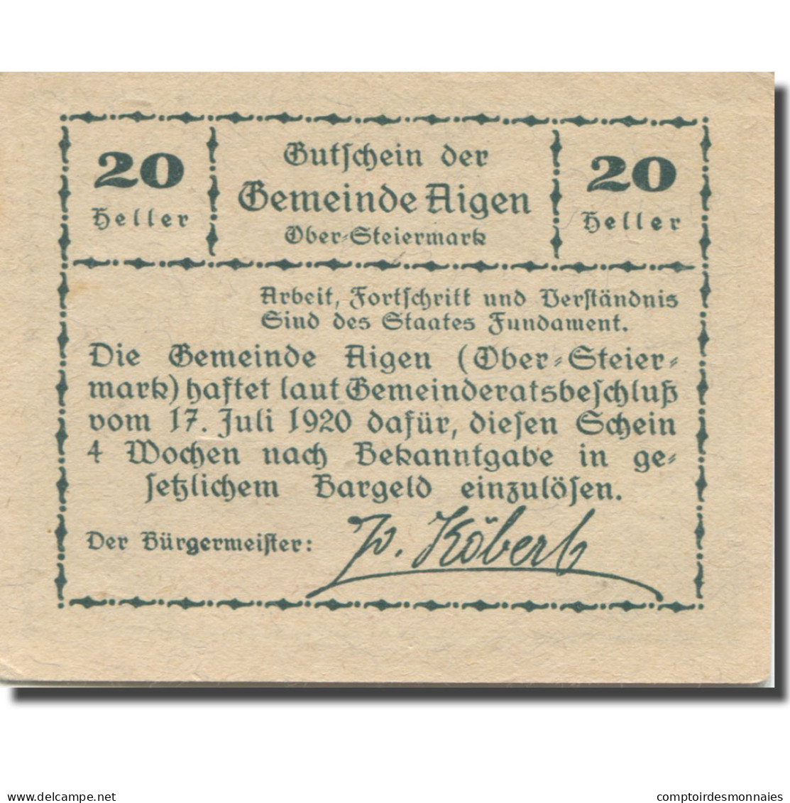 Billet, Autriche, Aigen, 20 Heller, Cheval, 1920, 1920-07-17, SPL, Mehl:FS 14b - Austria