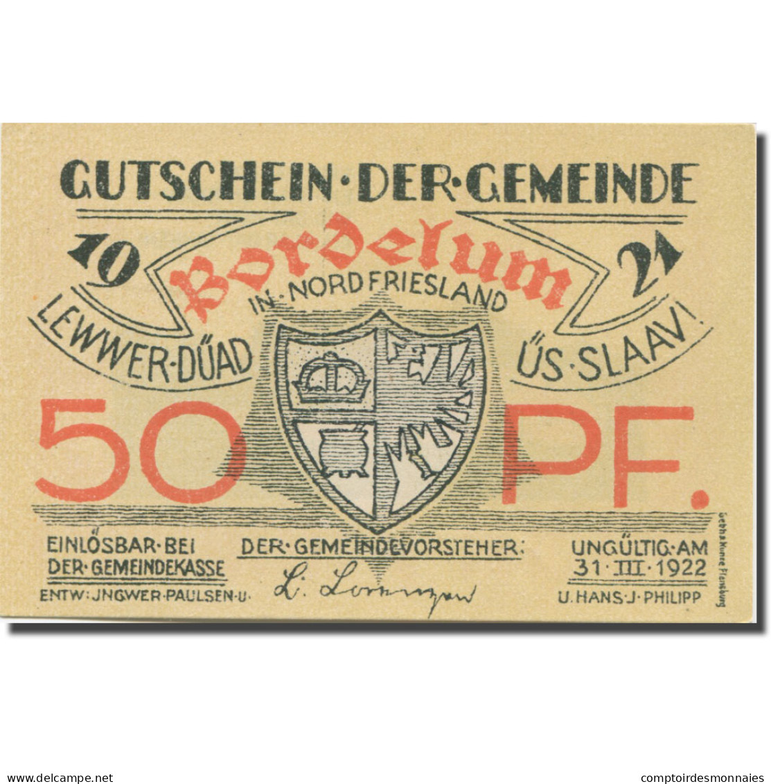 Billet, Allemagne, Bordelum, 50 Pfennig, Blason 6, 1922 SPL Mehl:143.1 - Altri & Non Classificati
