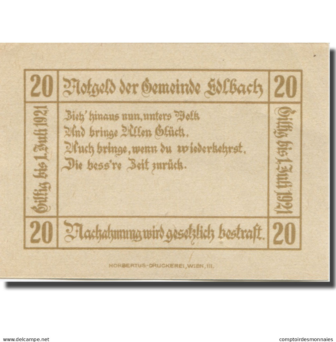 Billet, Autriche, Edlbach, 20 Heller, Blason 1921-07-01, SPL Mehl:FS 150a - Austria