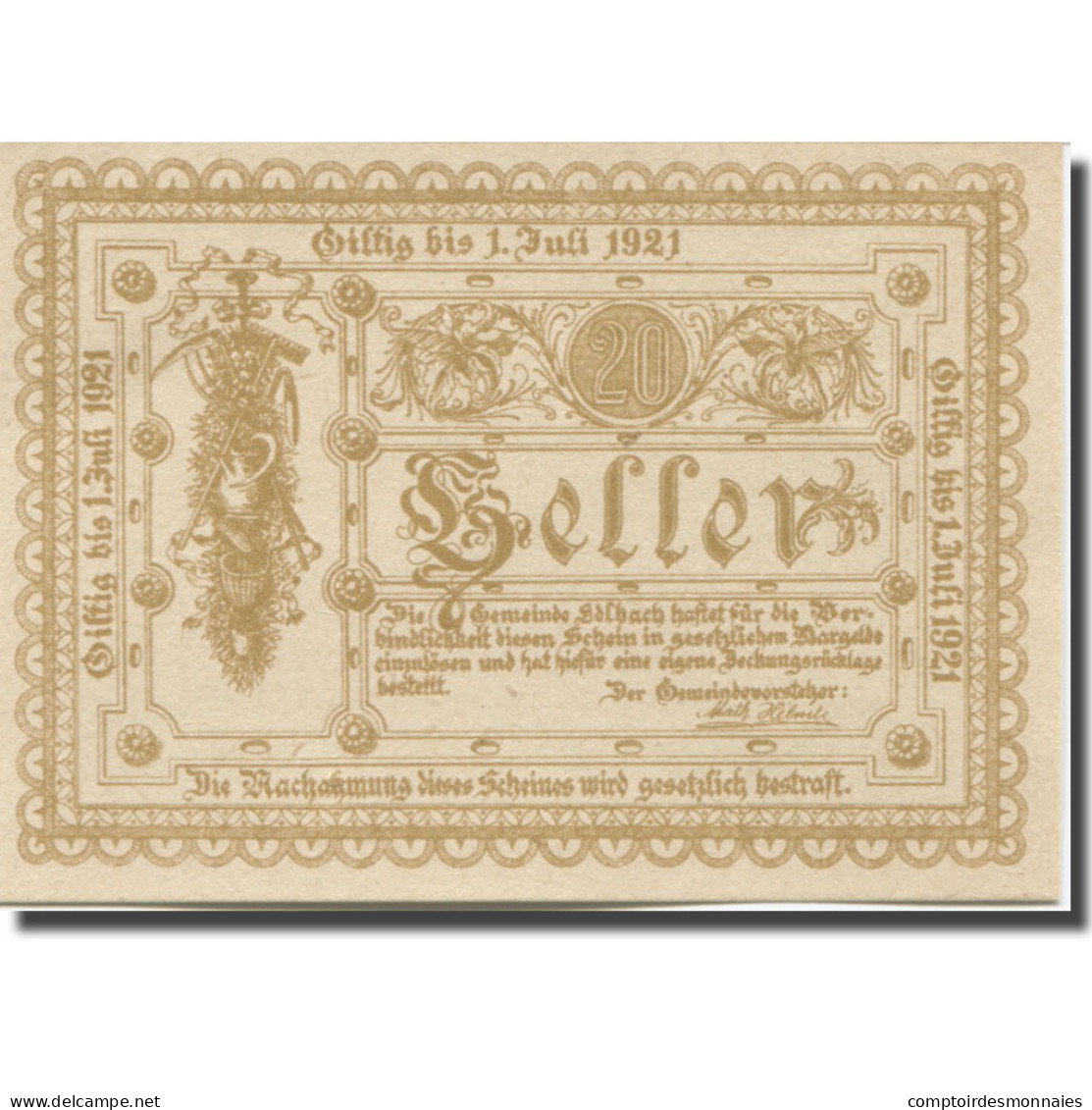 Billet, Autriche, Edlbach, 20 Heller, Blason 1921-07-01, SPL Mehl:FS 150a - Austria