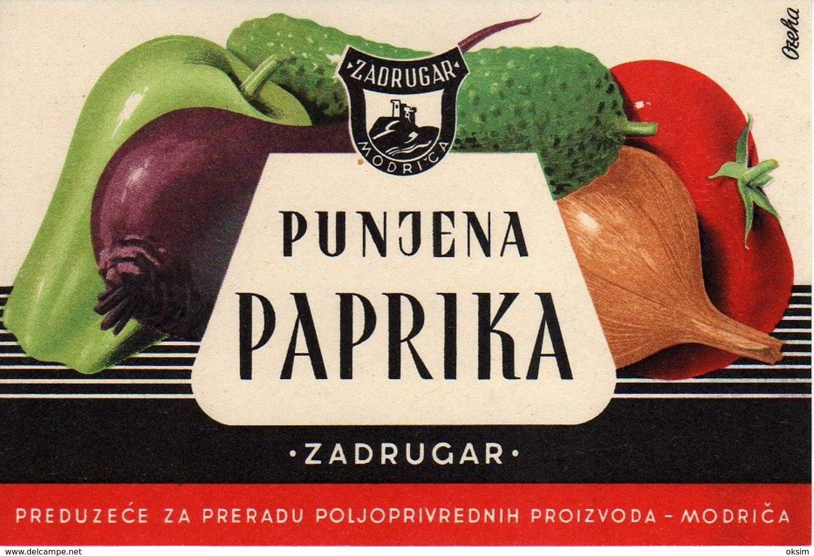 PUNJENA PAPRIKA, ZADRUGAR, PREDUZEČE ZA PRERADU POLJOPRIVREDNIH PROIZVODA-MODRIČA, OZEHA, JUGOSLAVIJA, ETIKETA, LABEL, E - Frutas Y Legumbres