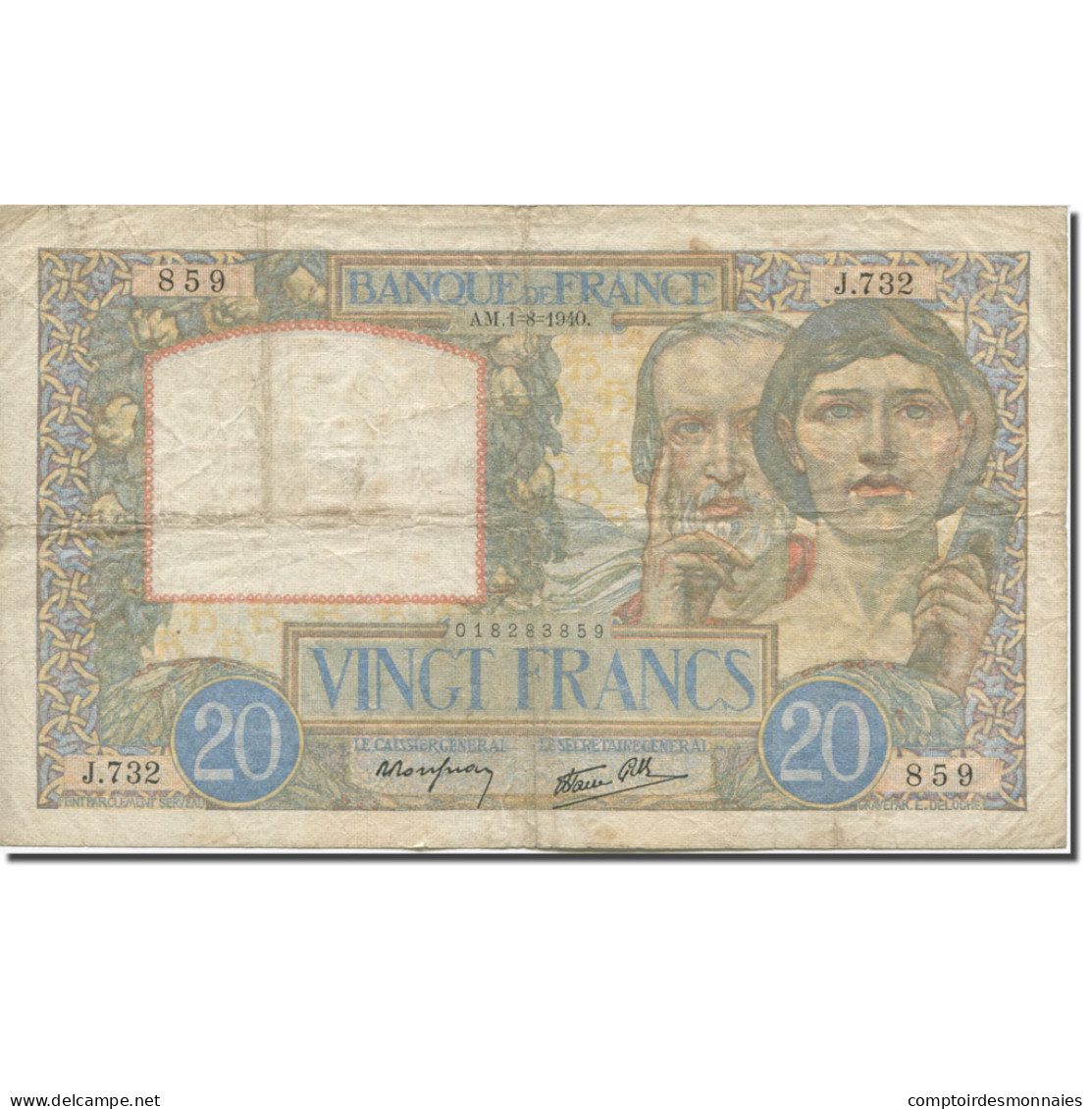 France, 20 Francs, Science Et Travail, 1942, 1940-08-01, B+, Fayette:12.05 - 20 F 1939-1942 ''Science Et Travail''