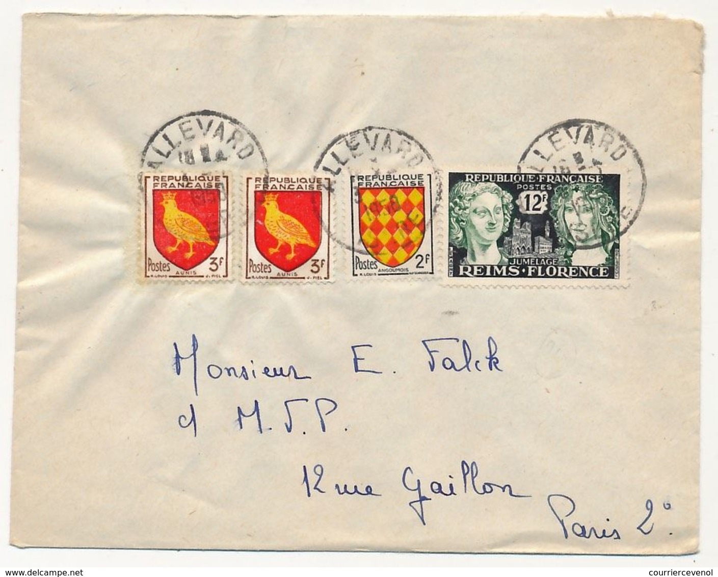 FRANCE - Enveloppe Affr. Composé 12F Reims / Florence + 3F Blason Aunis X2 + 2F Saintonge  - Allevard 1958 - Lettres & Documents