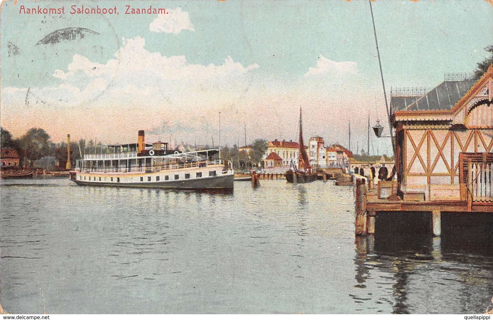 010780 "ZAANDAM - . AANKOMST SALONBOOT" ANIMATA, BATTELLO, TIMBRO EMANUELE GIANARIA. CART  SPED 1908 - Zaandam