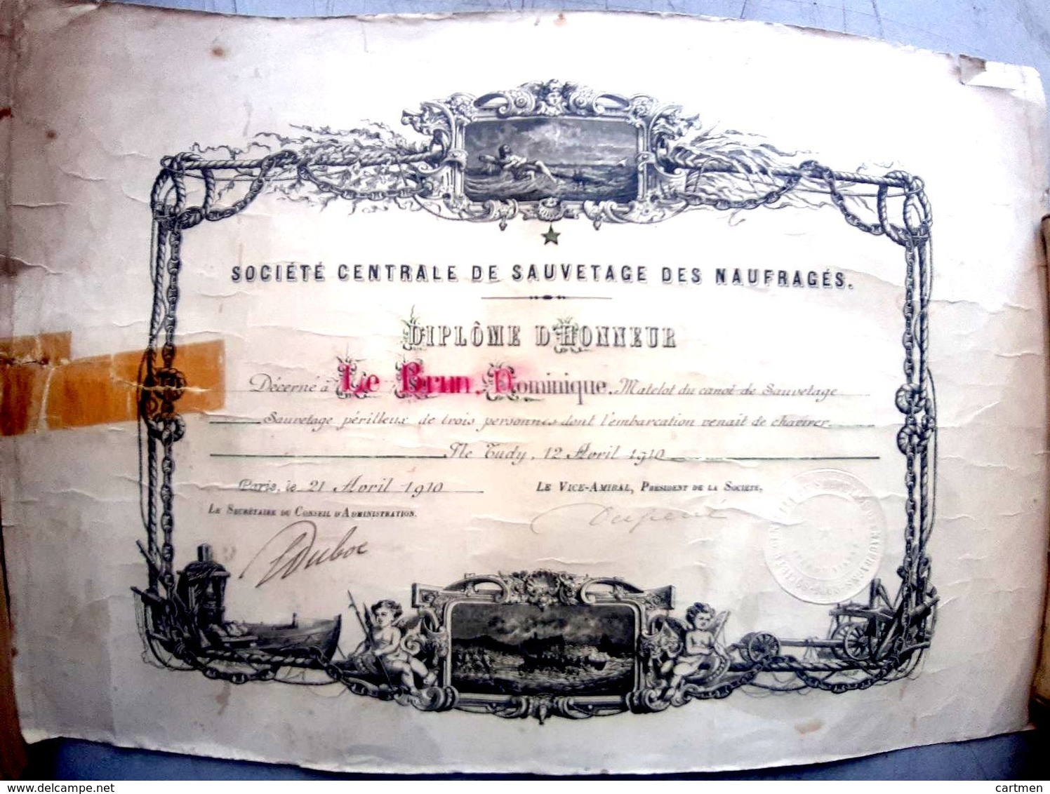 SAUVETAGE EN MER ILE TUDY SOCIETE DE SAUVETAGE DES NAUFRAGES DIPLOME D'HONNEUR 1910 MATELOT LE BRUN SECOURS MARINS - Autres & Non Classés