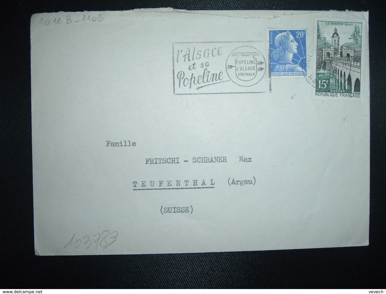 LETTRE Pour La SUISSE TP M. DE MULLER 20F + LE QUESNOY 15F OBL.MEC.22-2 1958 MULHOUSE GARE (68) - 1955-1961 Marianne Of Muller