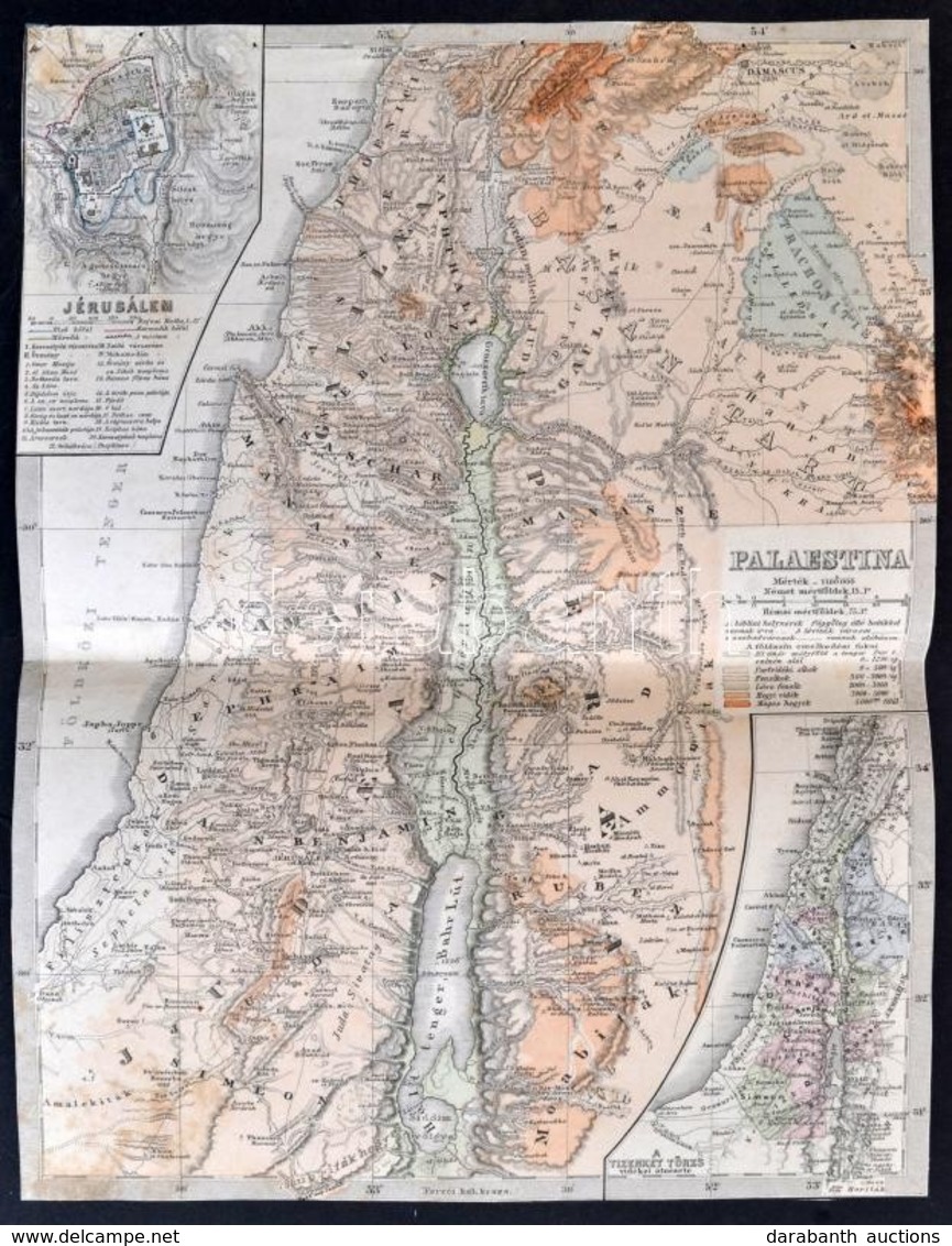 Cca 1870 Palesztina Térképe, Jeruzsálemmel, és A Tizenkét Törzs Vidékeinek átnézeti Térképével, Rotációs Fametszet, Körb - Autres & Non Classés