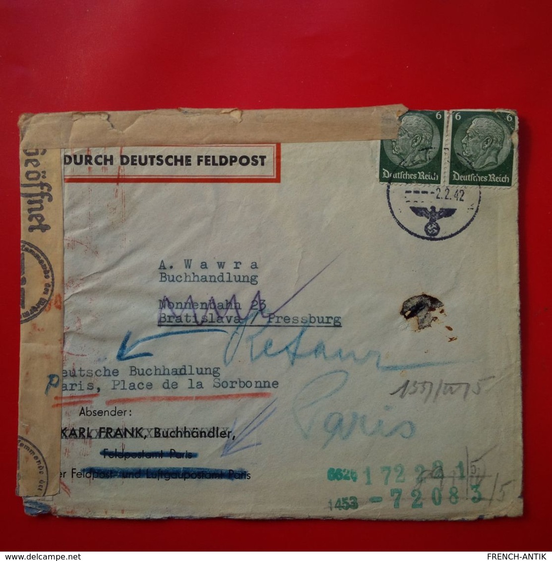LETTRE DEUTSCHE FELDPOST REICH BRATISLAVA POUR PARIS LIBRAIRIE RIVE GAUCHE 1942 CACHET CENSURE - Briefe U. Dokumente