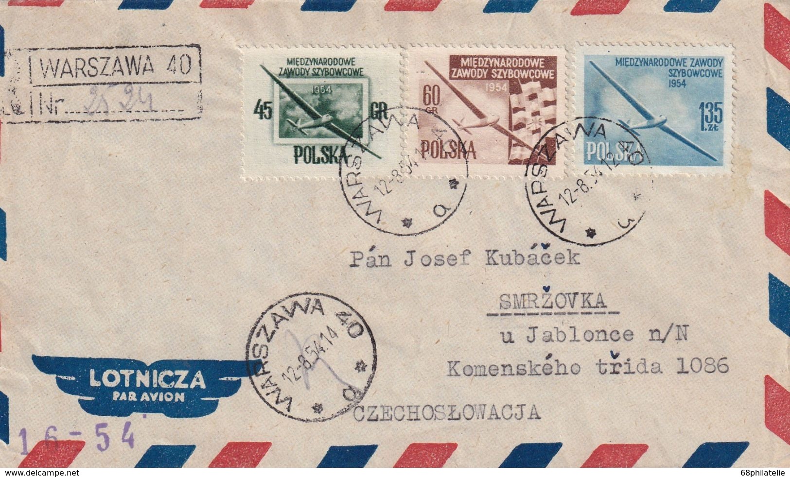 POLOGNE 1954 PLI AERIEN RECOMMANDE   DE WARSZAWA AVEC CACHET ARRIVEE SMRZOVKA - Covers & Documents