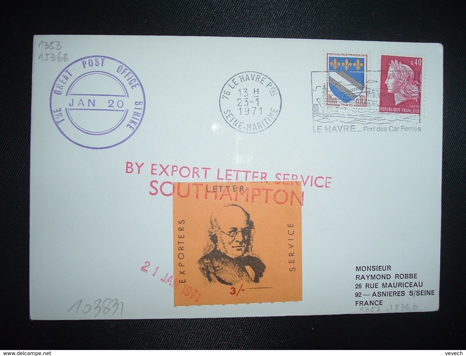 LETTRE TP M. DE CHEFFER 0,40 + TROYES 0,10 OBL.MEC.23-1 1971 76 LE HAVRE PPAL + THE GREAT POST OFFICE STRIKE + VIGNETTE - 1961-....