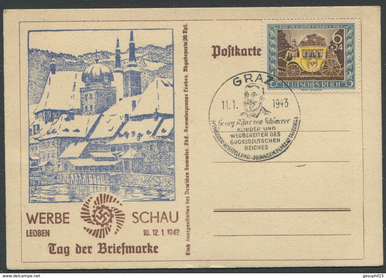 DEUTSCHES REICH / Postkarte Werbeschau Leoben, Tag Der Briefmarke, Mit MiNr. 828 Und Stp. Vom 11.1.1943 - Cartas & Documentos