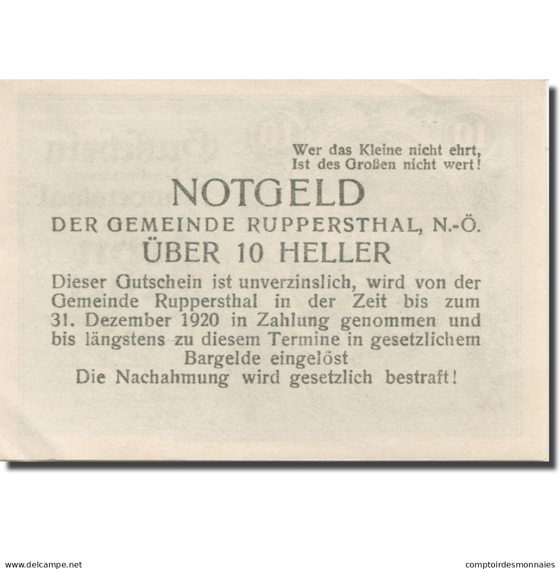 Billet, Autriche, Ruppersthal, 10 Heller, Eglise, 1920-12-31, SPL Mehl:FS 854a - Austria