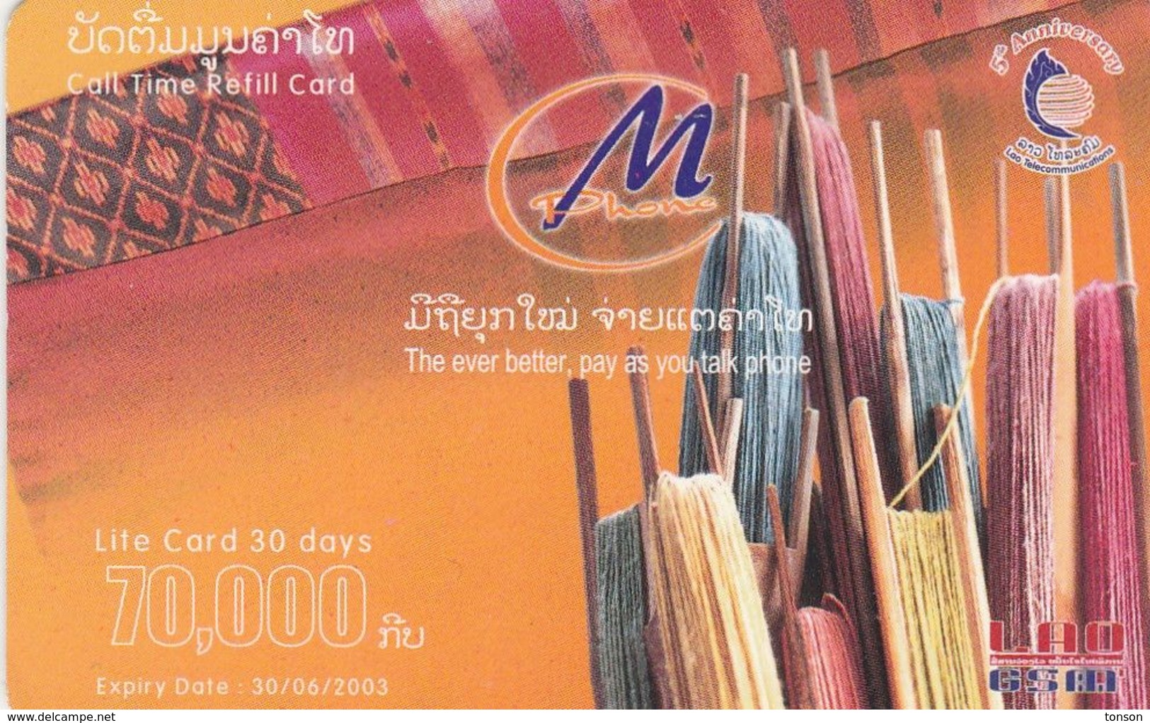 Laos, 3MP-005-A, 70.000 Kip, The Ever Better, Pay-as-you Talk Phone, 2 Scans.    Paper Card - Laos