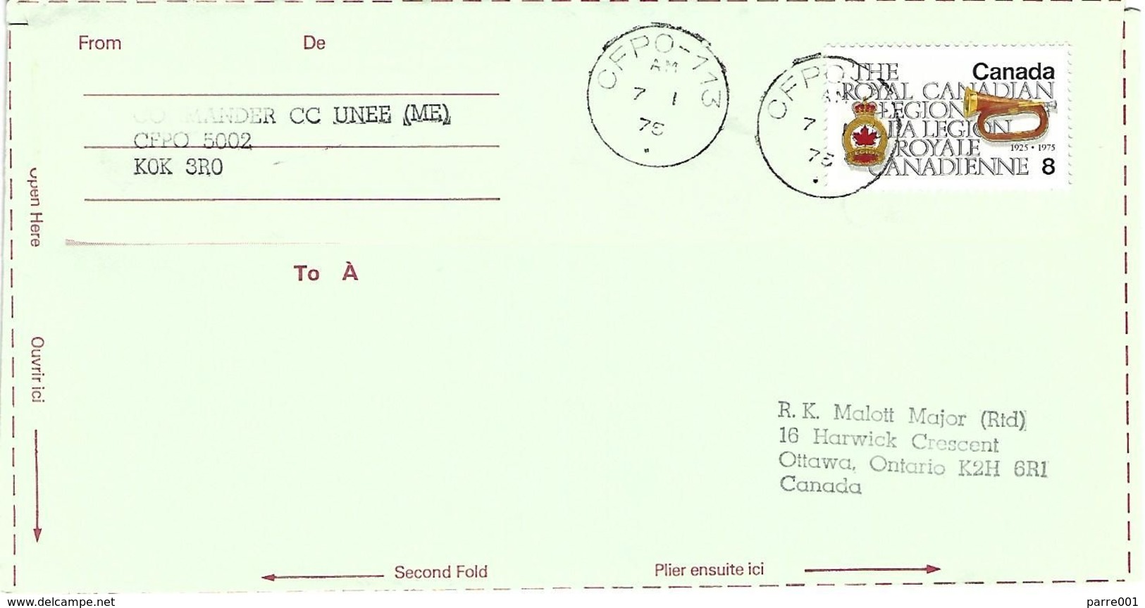 UNEF 1975 CFPO 113 Cairo Egypt CFPO 5002 Peacekeeping Green Forces Air Letter To Canada - Militaria