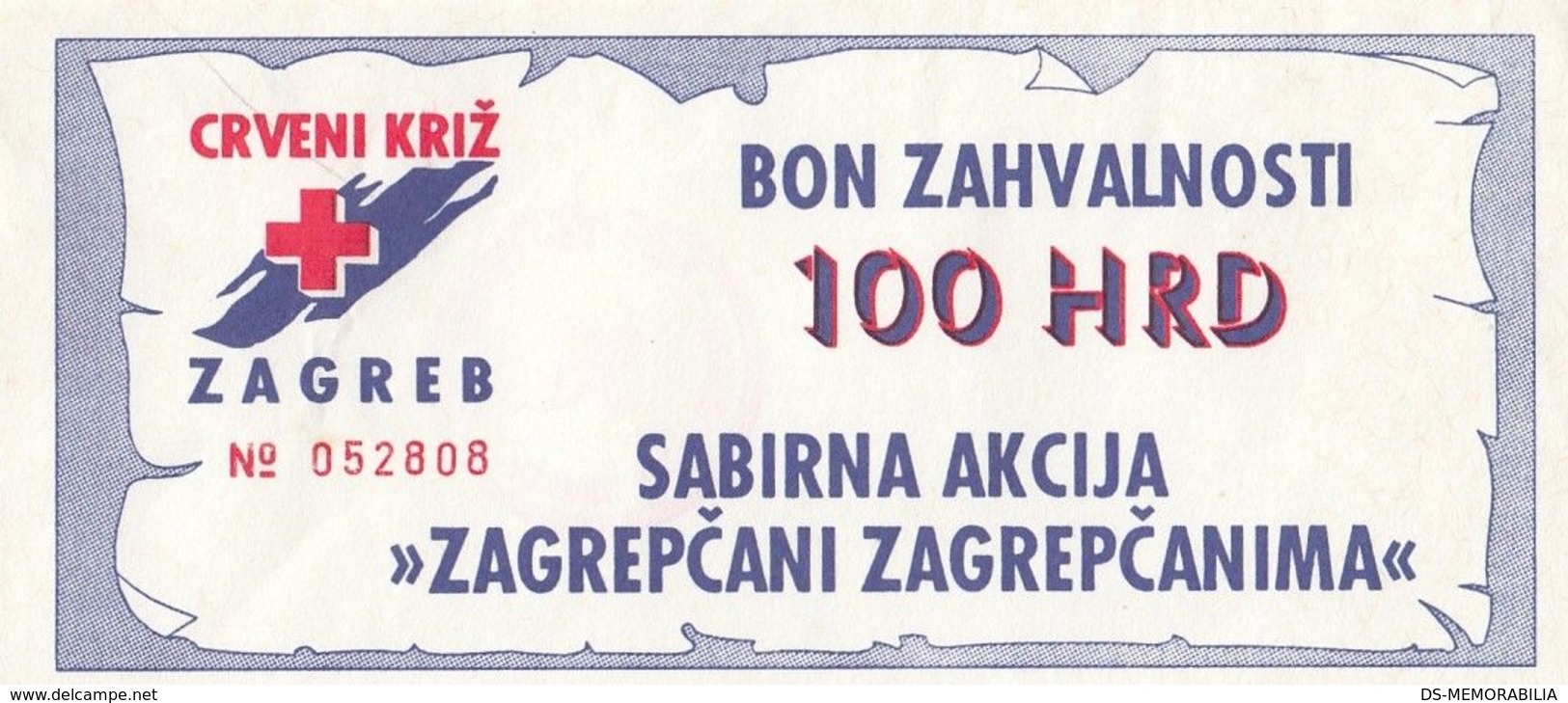 Croatia 100 HRD Money Bon Paper Voucher Rec Cross Zagreb - Croatie