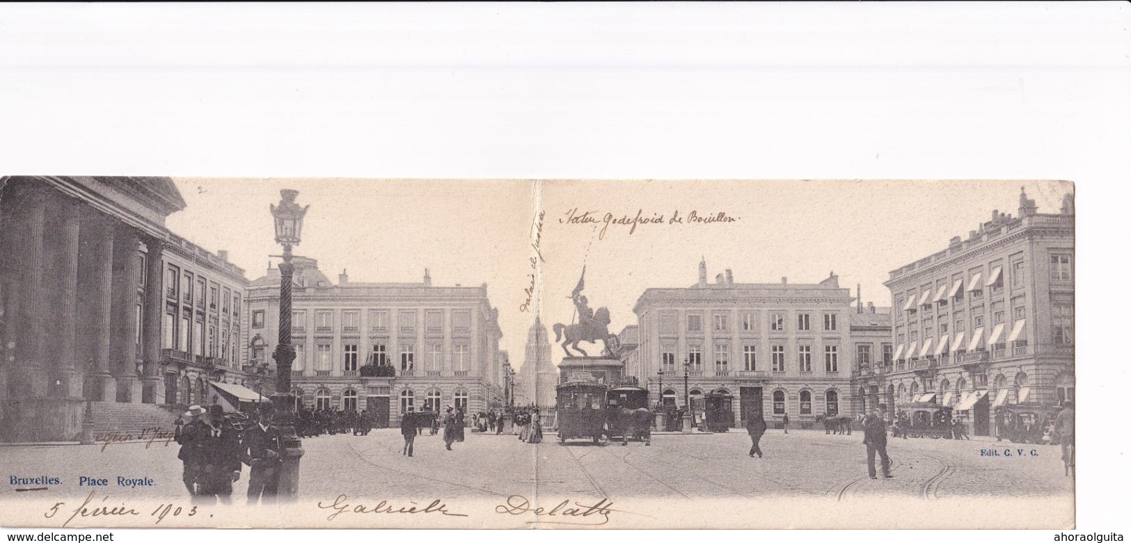 DDX 331  --  Carte-Vue  Double Panorama BRUXELLES Place Royale - TRAMWAYS à Traction Chevaline - Public Transport (surface)