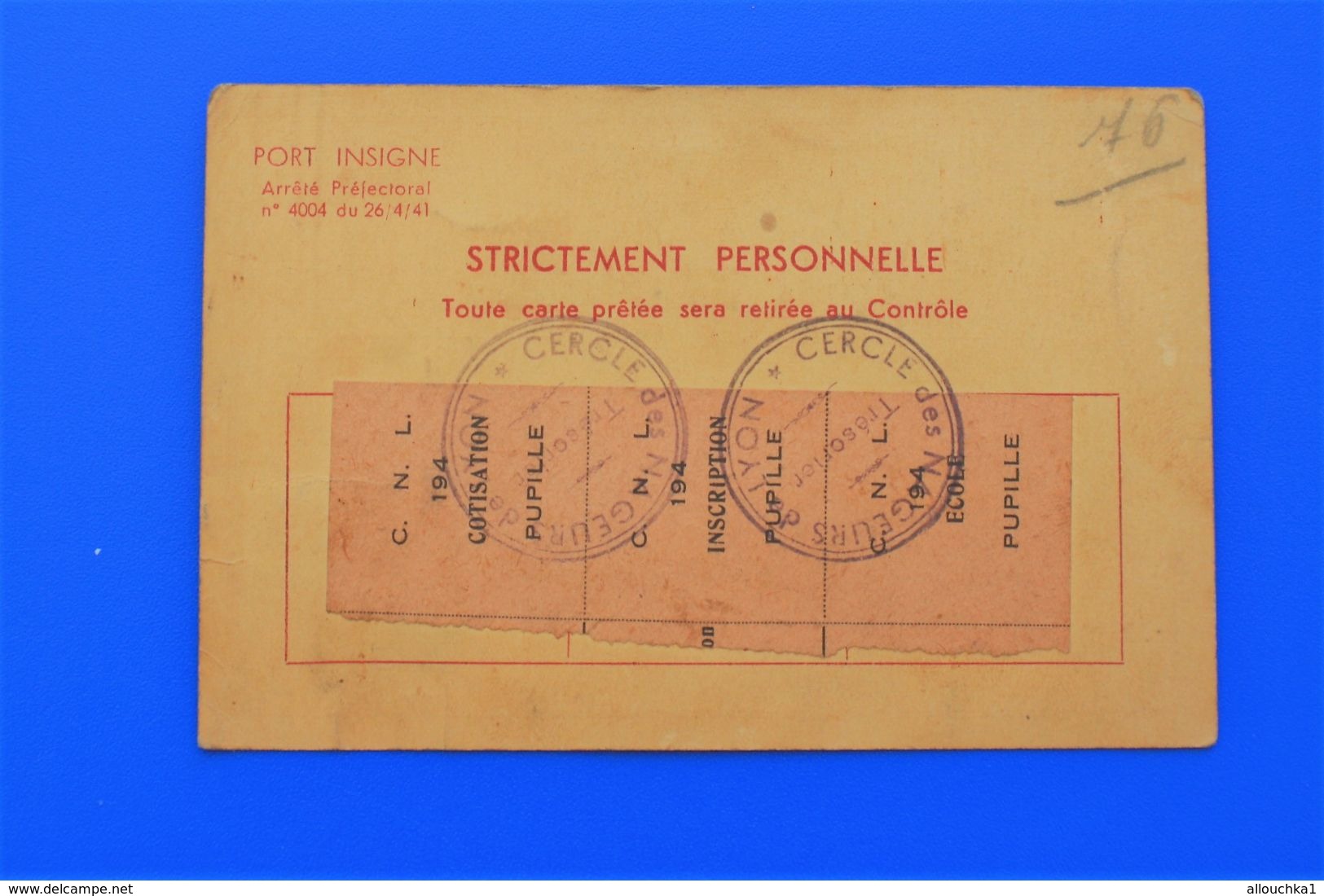 1942 F.F.N. CERCLE DES NAGEURS DE LYON CARTE DE MEMBRE ACTIF PERIODE GUERRE WW2 VIGNETTE COTISATION PUPILLE DE LA NATION - Natation