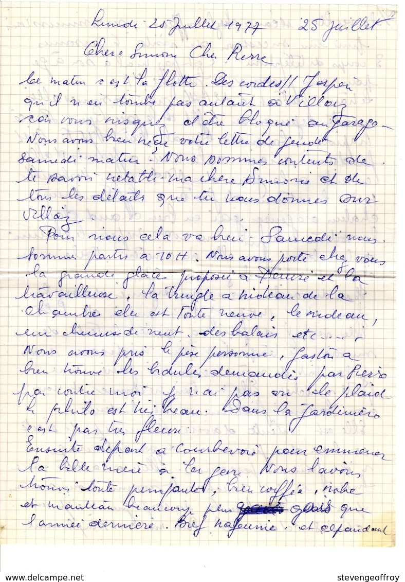 Lettre Manuscrite 1977 Simone Pierre Toret Villaz Courbevoie Gare Lyon Gare Du Nord Herbault - Manuscripts