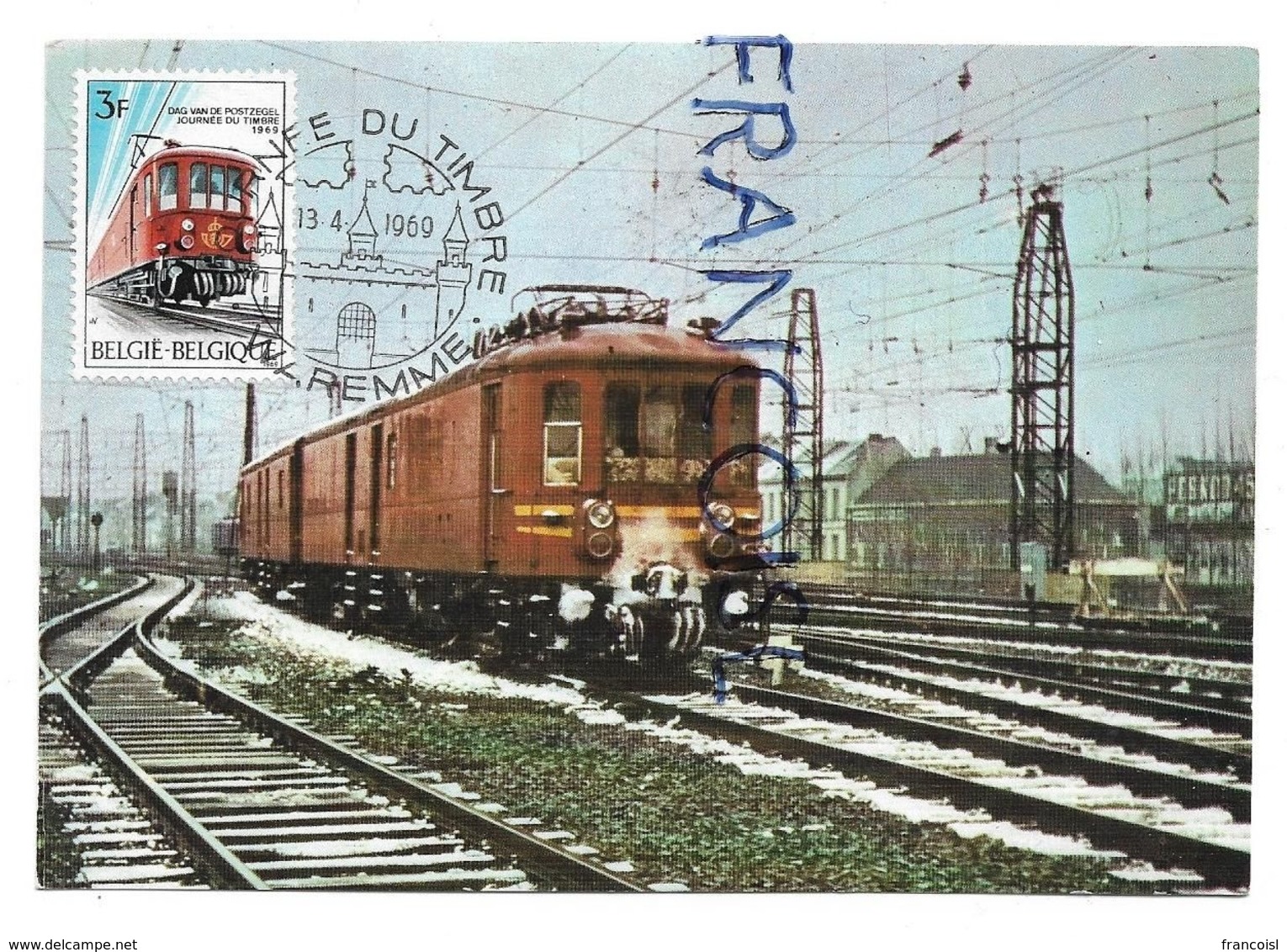 Journée Du Timbre. Chemin De Fer. Bureau De Poste Ambulant Autonome Le Long De L'Avenue Fonsny à Bruxelles Enneigée. - 1961-1970