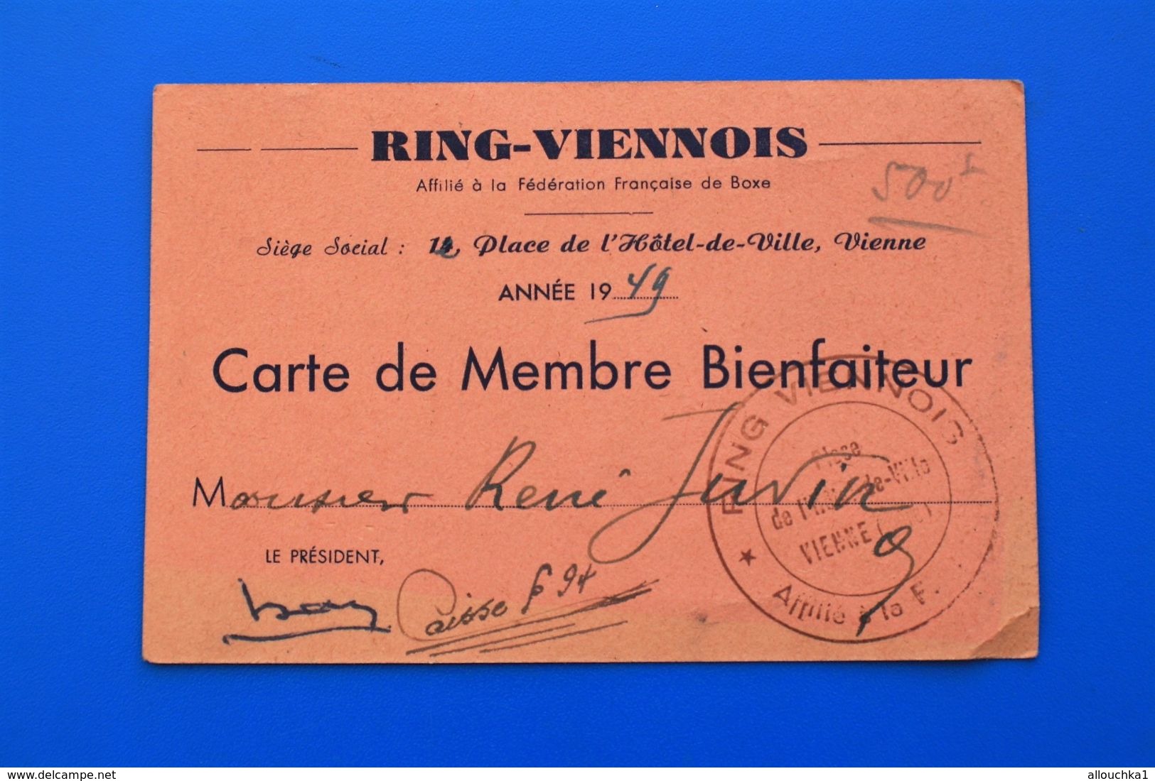 BOXE 1949 VIENNE Isère- RING VIENNOIS  -CARTE DE MEMBRE BIENFAITEUR-FÉDÉRATION FRANÇAISE DE BOXE - Other & Unclassified