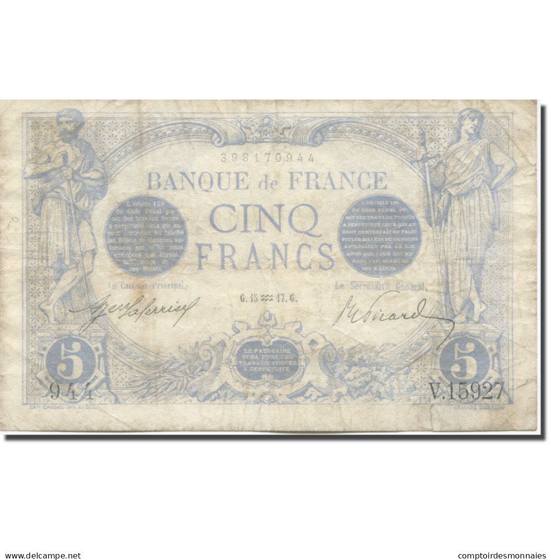 France, 5 Francs, Bleu, 1917, 1917-01-15, TB, Fayette:02.47, KM:70 - 5 F 1912-1917 ''Bleu''