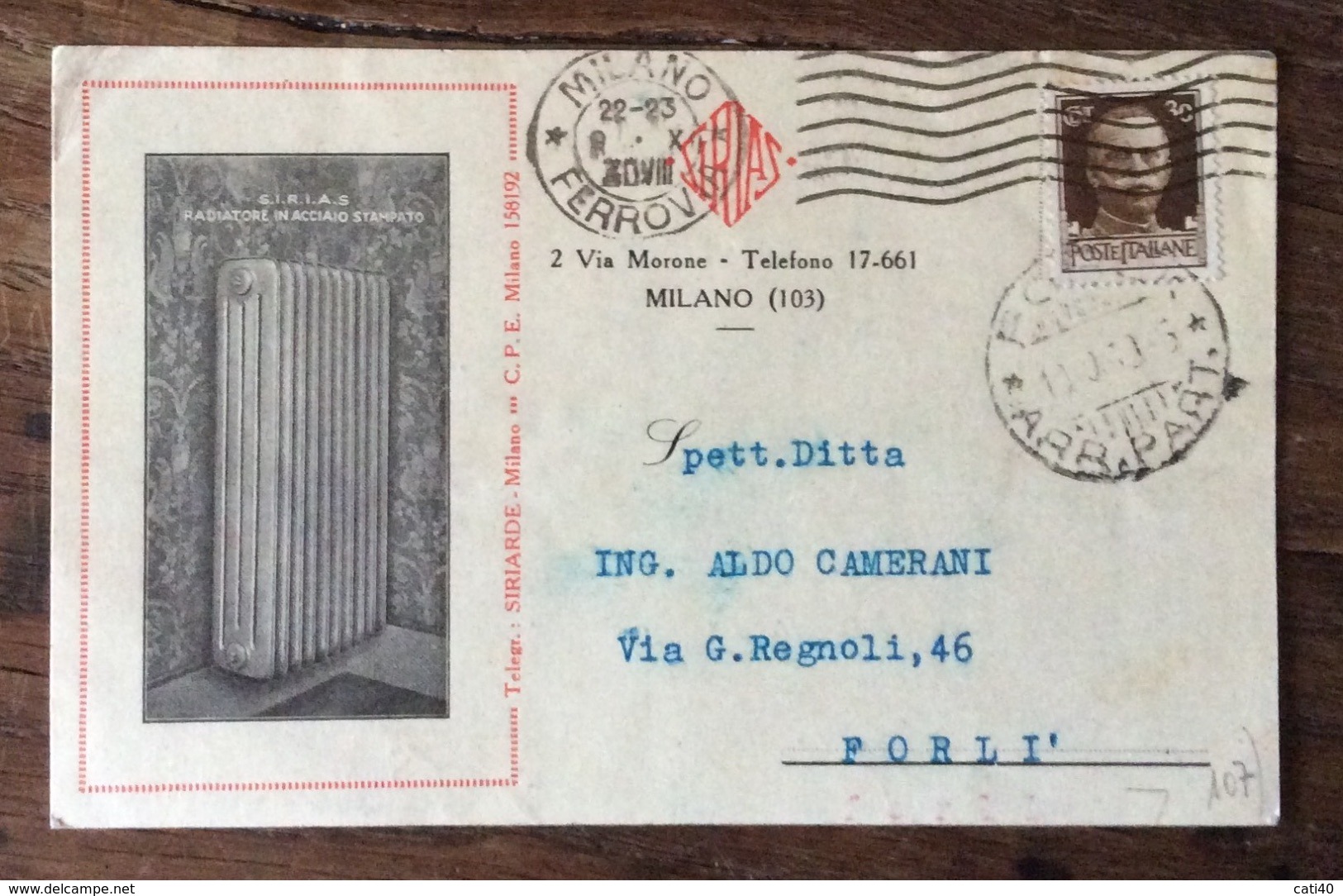 RADIATORI IN ACCIAIO STAMPATO - DITTA  SIRIARDE - MILANO  - CARTOLINA  PER FORLI' IN DATA 9/10/1930 - Publicité