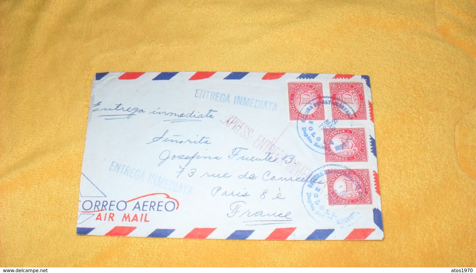 ENVELOPPE ANCIENNE DE 1965../ GUATEMALA POUR PARIS FRANCE..CACHETS + MARQUE ENTREGA INMEDIATA EXPRESS + TIMBRES X 6 - Guatemala