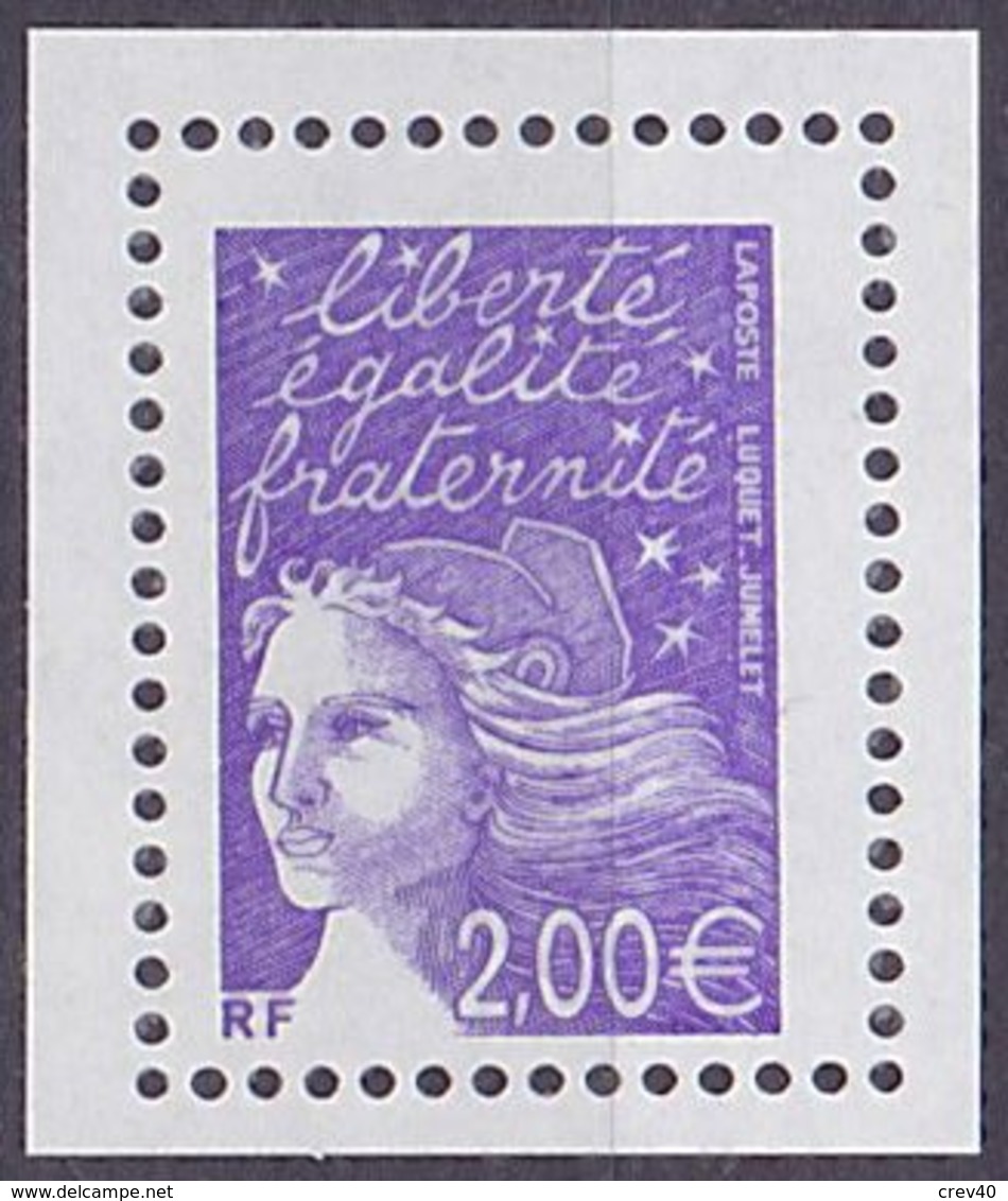 Timbre Neuf ** N° 3457a(Yvert) France 2002 - Marianne Du 14 Juillet 2,00 € Violet, Sans Phosphore - 1997-2004 Maríanne Du 14 Juillet