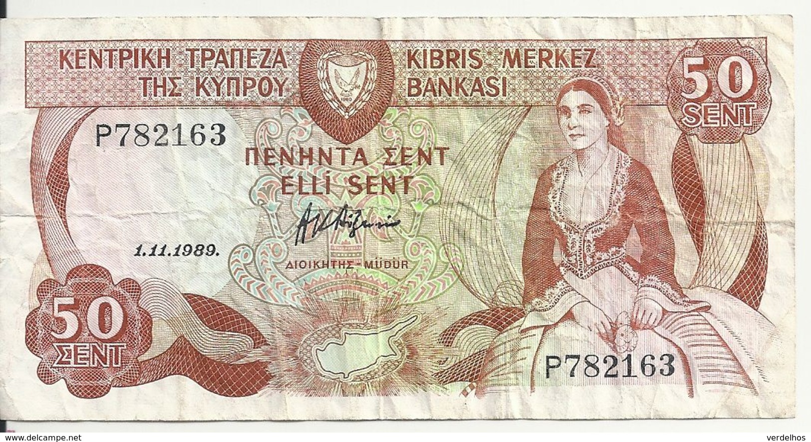 CHYPRE 50 CENTS 1989 VG+ P 52 - Zypern