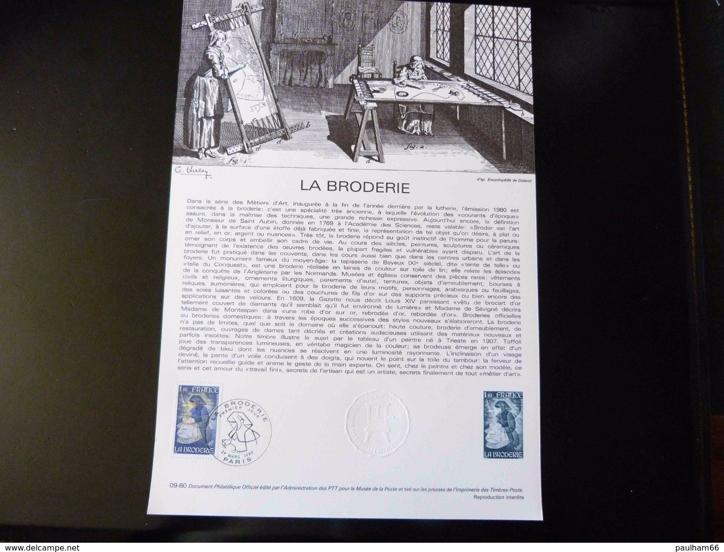 COLLECTION HISTORIQUE DU TIMBRE POSTE FRANCAIS  1980  -   LA BRODERIE - Documents Of Postal Services