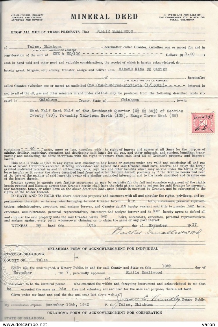 ACTE DE CONCESSION D'UNE MINE à TULSA (OKLAHOMA) 1937 "MINERAL DEED"- Petrole, Gaz, Et Autres Minerais-timbre Fiscal - Estados Unidos